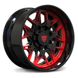 Custom two-tone gloss black and red finish on the RV-DM23 forged wheel, adding a bold motorsport-inspired accent to your heavy-duty build.