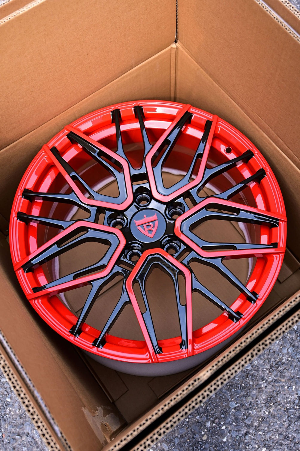 18x9.5 rear staggered red & black wheels on a Corvette C5 Coupe.