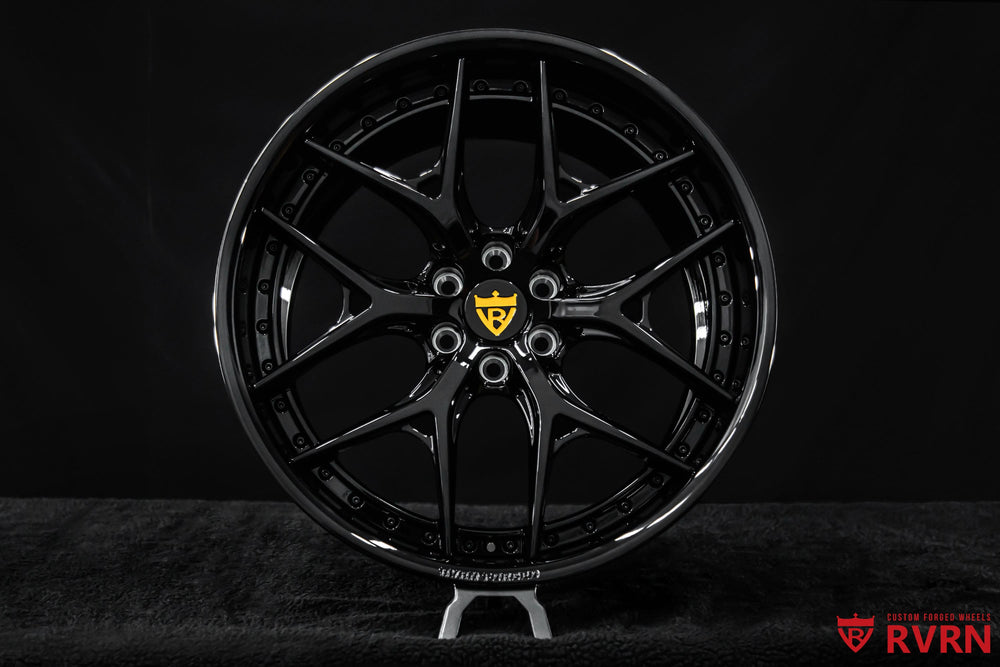 Front view of RV-DR08D Dodge Viper forged wheels with a custom Y-spoke design and gloss black finish, 20x10 fitment