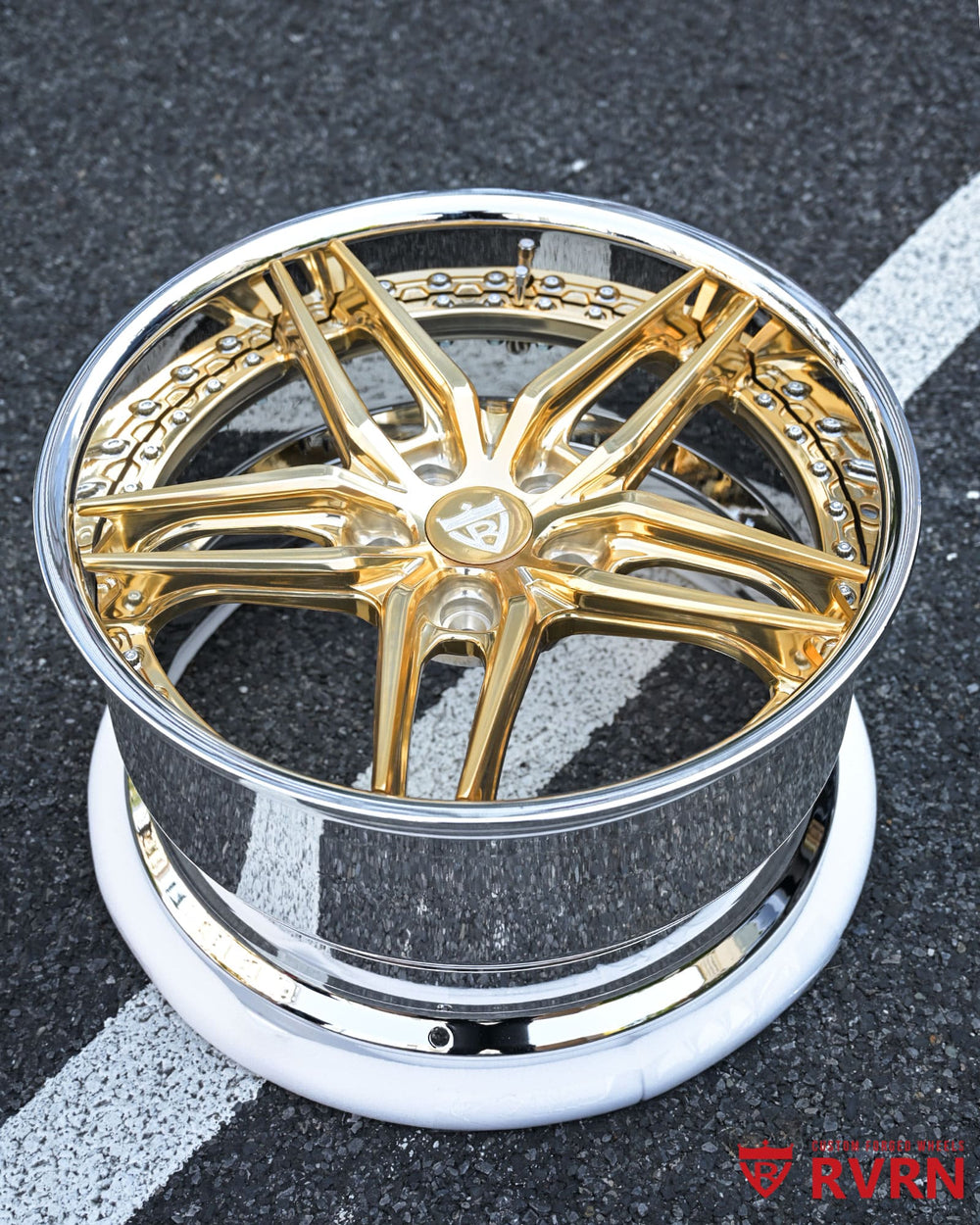 Deep-lip forged 19x11 RV-DP03 wheels on Corvette C5 Z06 rear view showcasing chrome barrel and Frozen Gold spoke design.