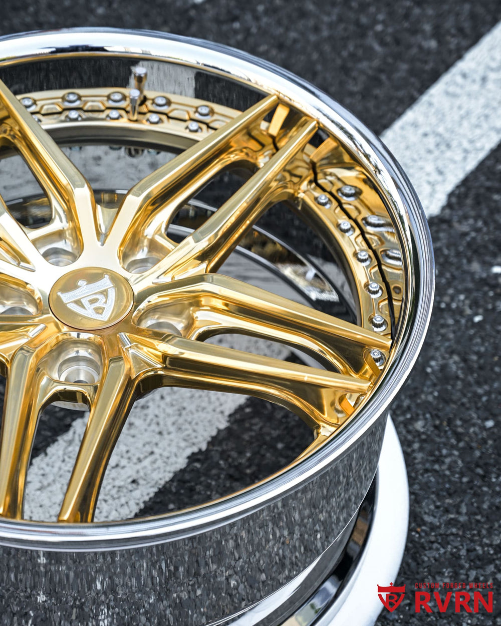 Custom Polished Frozen Gold (bronze tone) forged spokes on RV-DP03 Corvette C5 Z06 staggered wheels.