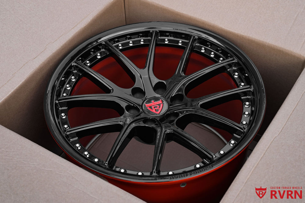 Custom concave wheels for a 2005 Dodge Viper, RVRN RV-MD03 forged design with gloss black spokes, gloss red barrel and 18x10 front, 19x13 rear sizing