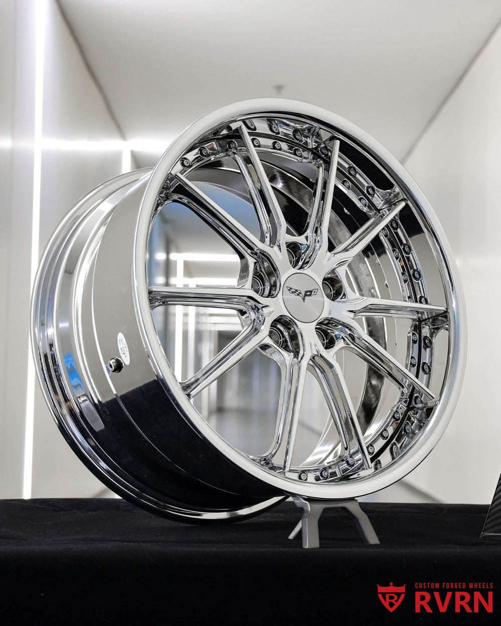 Flush front fitment of RVRN DC05 18x8.5 forged chrome wheels on Corvette C6.
