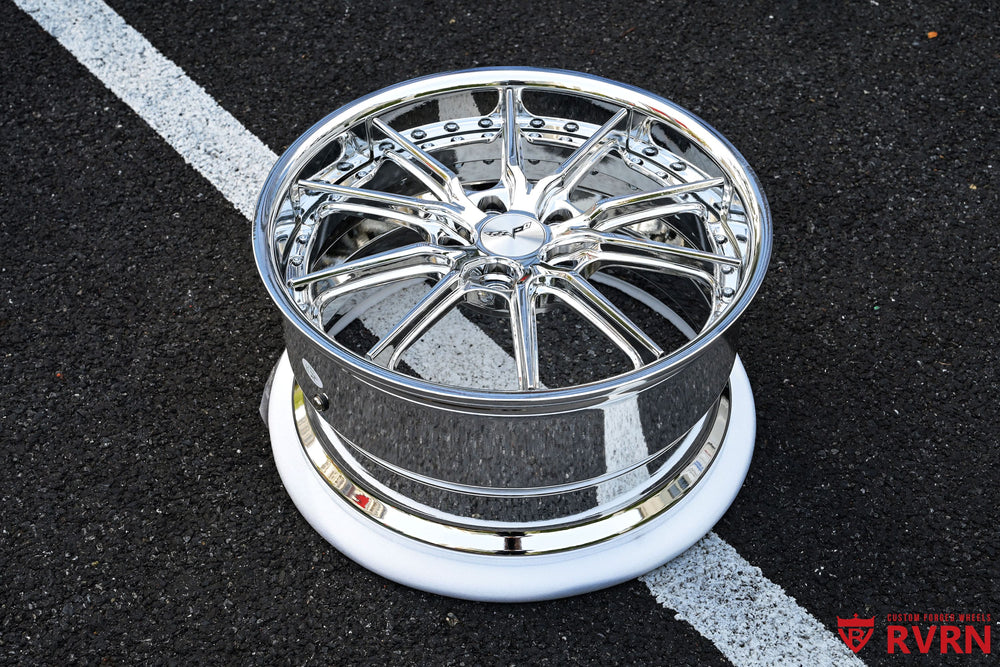 Premium chrome finish forged wheel by RVRN — two-piece DC05 design for Corvette C6.