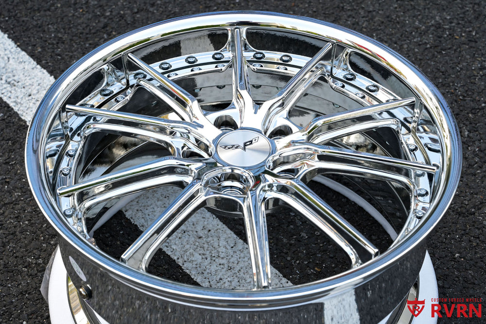 Custom fitment RVRN DC05 forged chrome wheels perfectly matched to Corvette C6 Base.