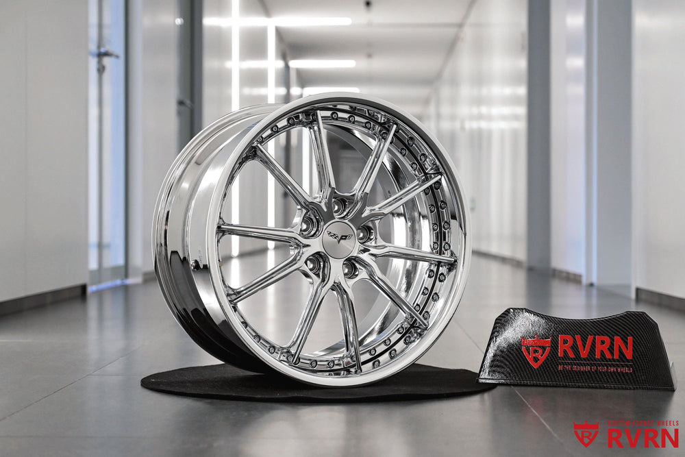Chrome forged performance wheels by RVRN for sports cars like the 2005 Corvette C6.