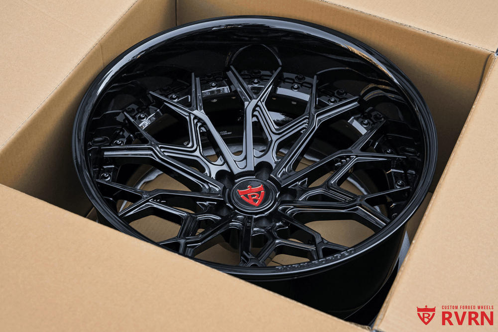 Widebody style 2005 Mustang GT with 20x11 deep dish wheels, RV-DN02 2-piece forged gloss black setup