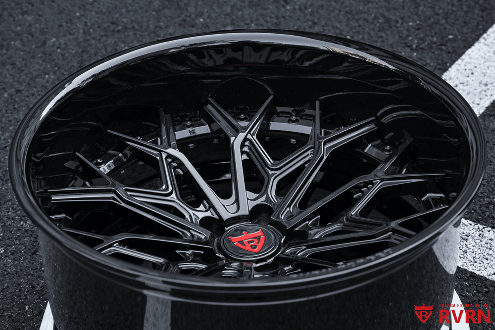 RVRN RV-DN02 deep lip forged wheels 20x11 on Mustang GT, all gloss black finish, design your own wheels concept