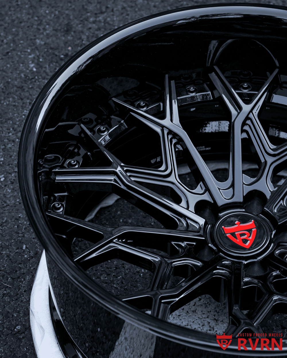 Side profile of 2005 Mustang GT showing aggressive wheel offset and deep concave RV-DN02 wheels