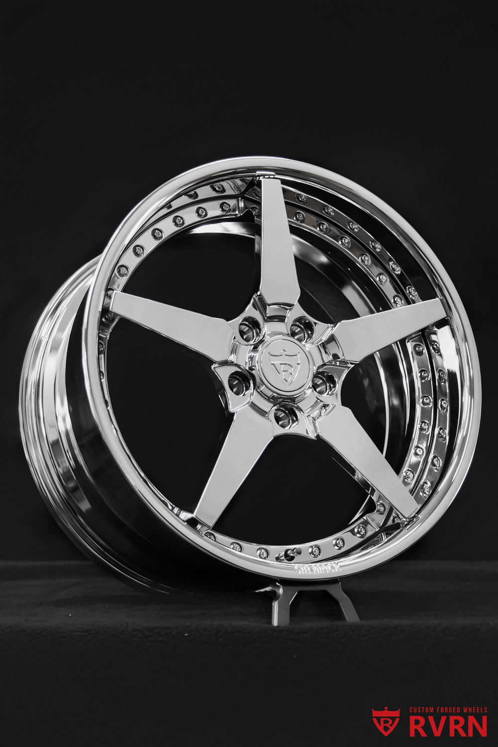 Close-up of RVRN RV-DF14 chrome Corvette C6 Base wheels showing forged 5 spoke design, custom fitment for 2007 Chevrolet Corvette C6 Base.