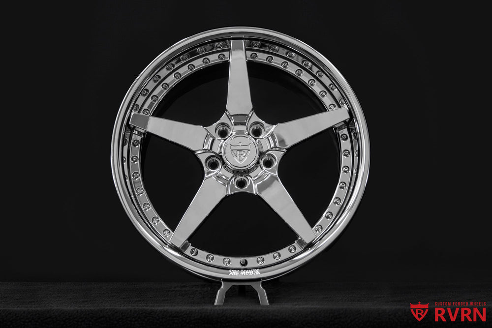Detail of RV-DF14 custom forged chrome wheel featuring polished 5 spoke construction for Corvette C6 Base, 18x8.5 +42.