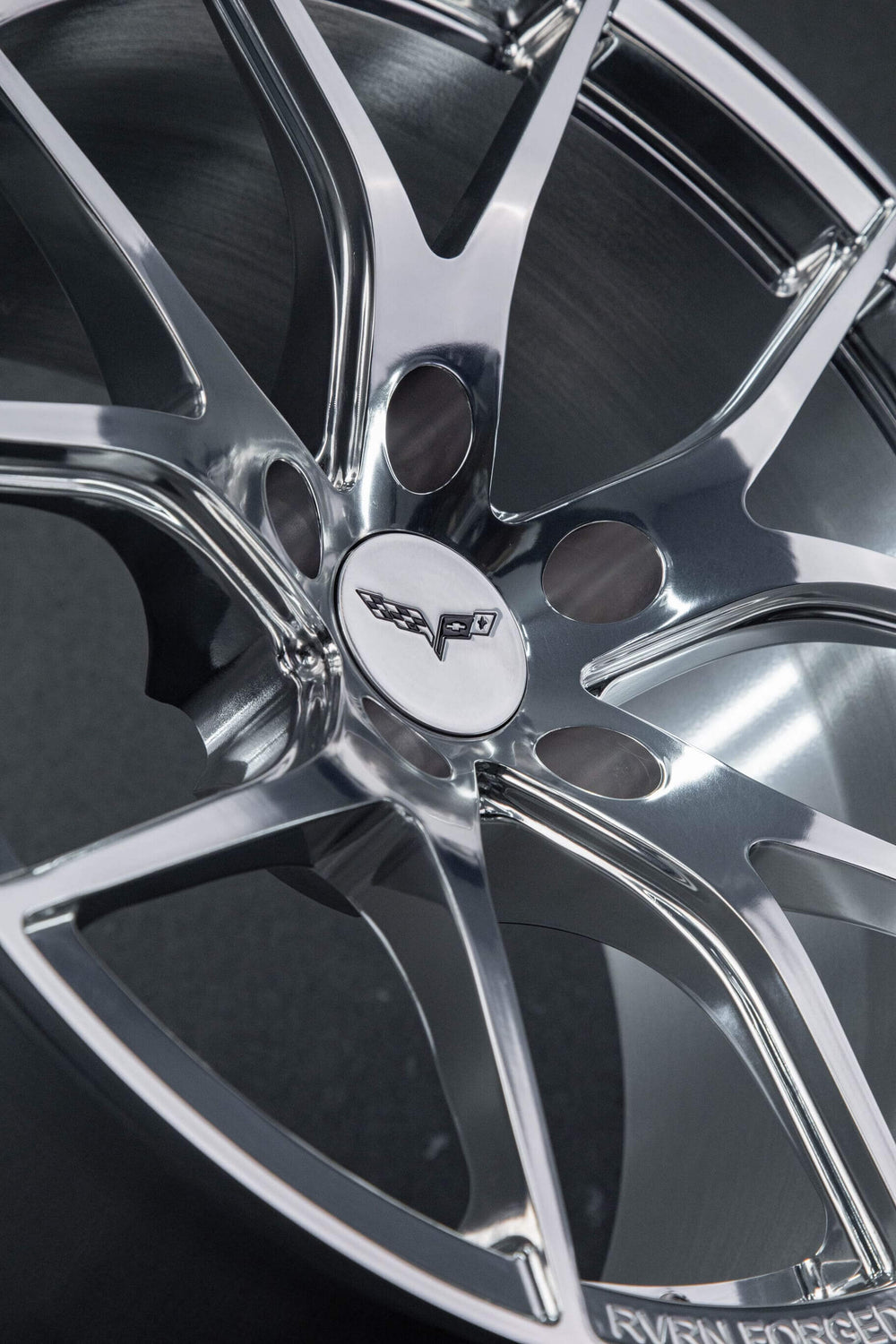 Precision-machined details of RV-MC24 polished forged wheels for custom C5 builds.