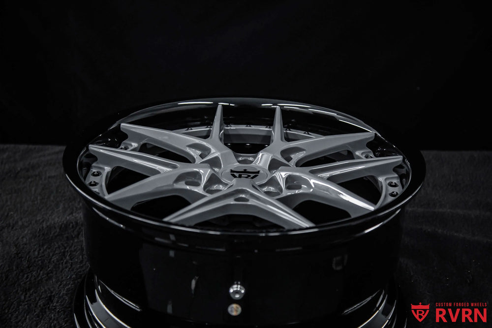 2007 Chevrolet Corvette C6 Base Model RV-DR08D Y-Spoke Forged 2-Piece wheel with ICONIC Gunmetal Spoke, Gloss Black Barrel, and Black Screws, front studio view showing the full spoke pattern and two-piece construction