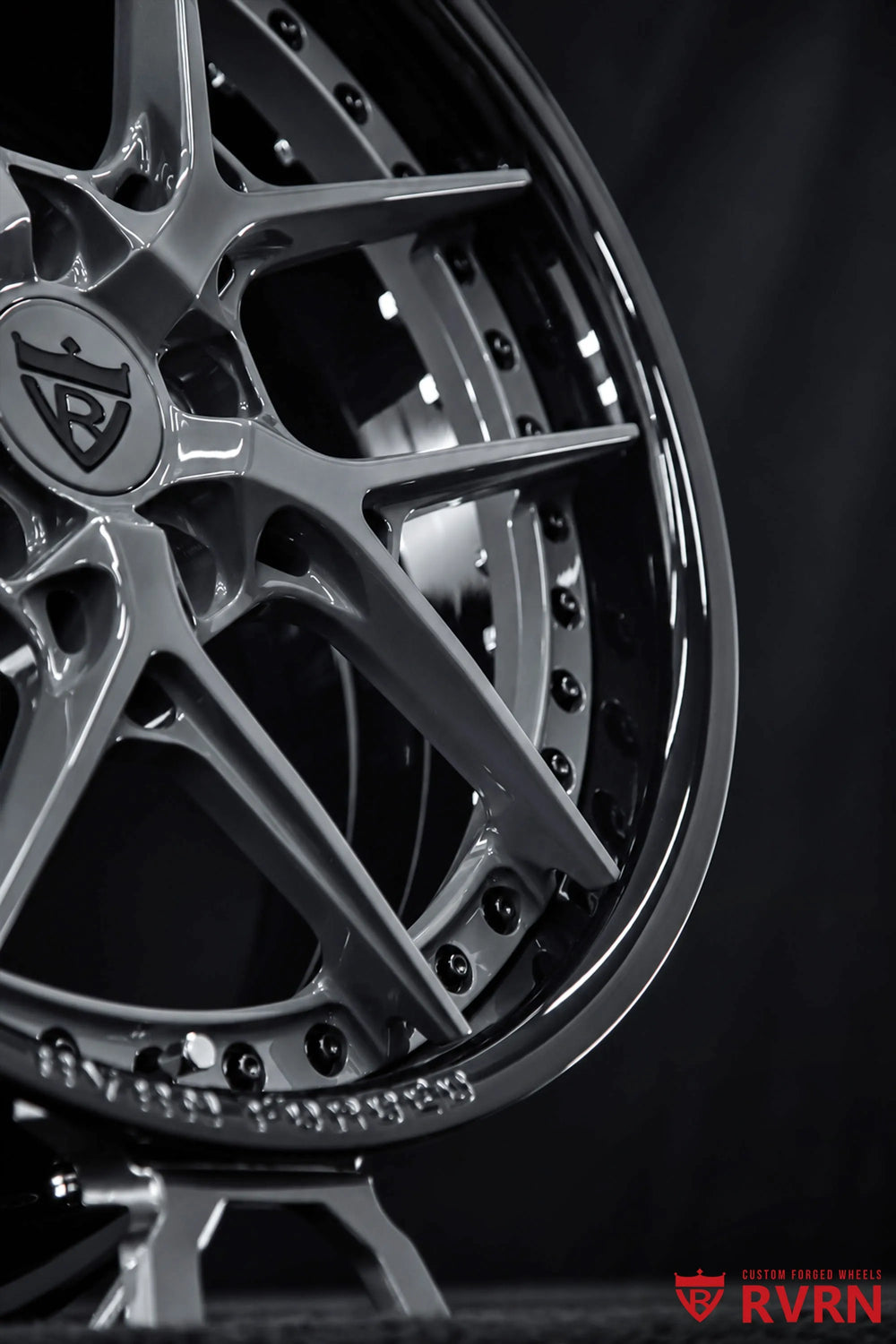 2007 Chevrolet Corvette C6 Base Model RV-DR08D Y-Spoke Forged 2-Piece wheel with ICONIC Gunmetal Spoke, Gloss Black Barrel, and Black Screws, close-up front angle showing the sculpted spokes, black barrel, and perimeter fasteners