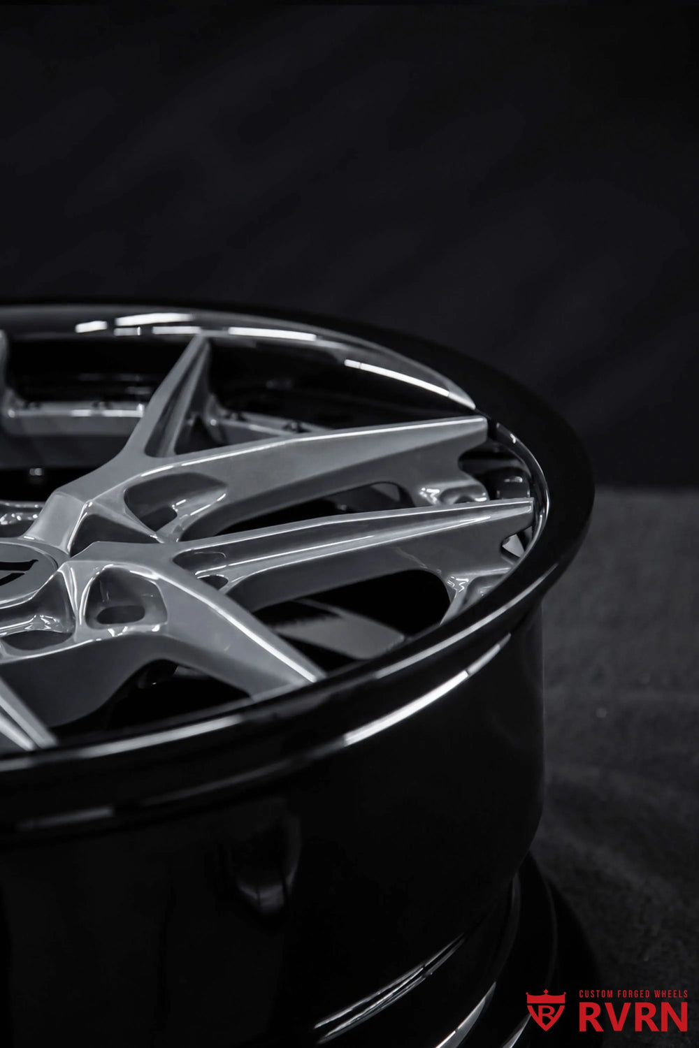 2007 Chevrolet Corvette C6 Base Model RV-DR08D Y-Spoke Forged 2-Piece wheel with ICONIC Gunmetal Spoke, Gloss Black Barrel, and Black Screws, angled product detail emphasizing the spoke depth, polished highlights, and black hardware