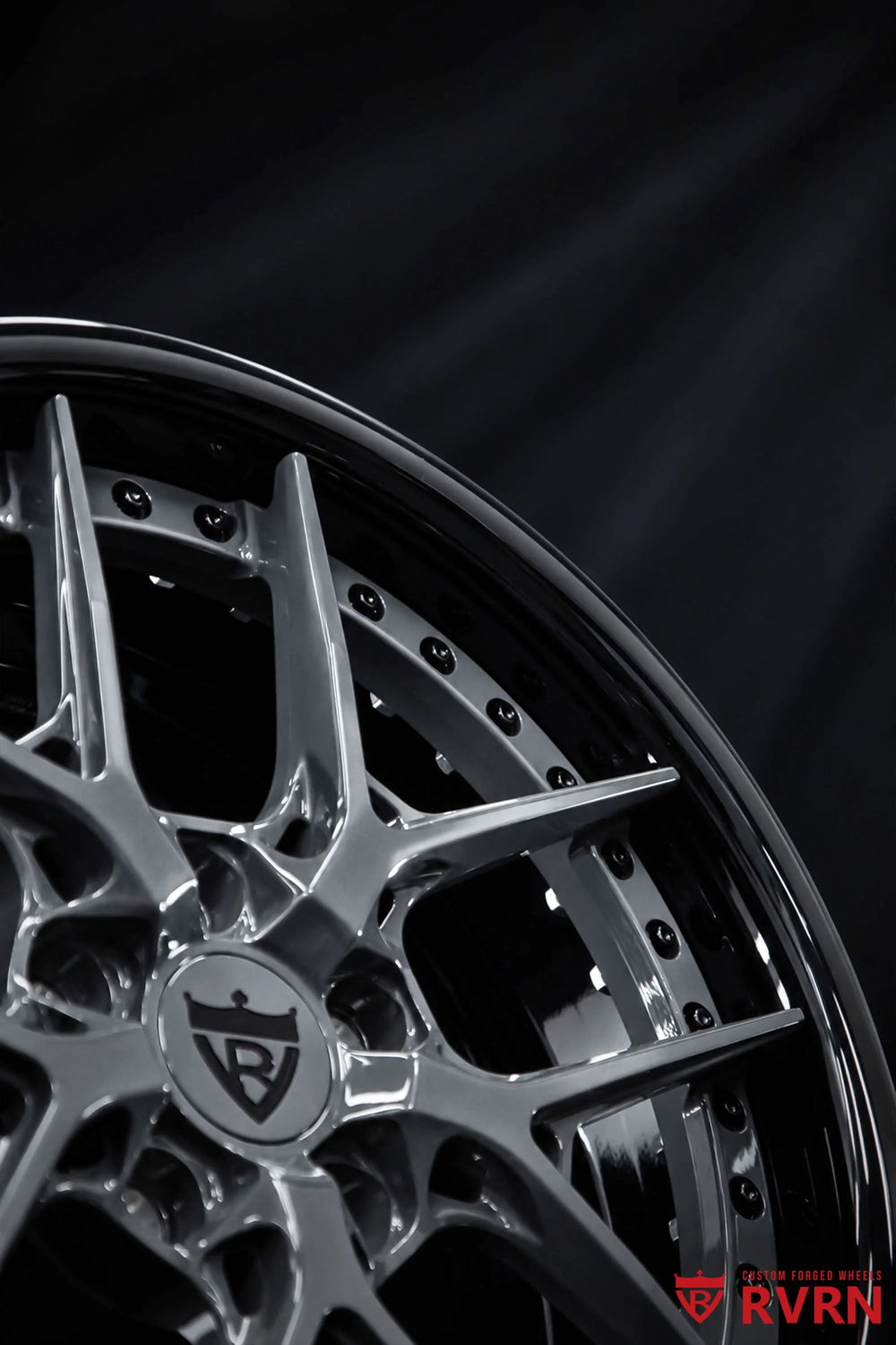 2007 Chevrolet Corvette C6 Base Model RV-DR08D Y-Spoke Forged 2-Piece wheel with ICONIC Gunmetal Spoke, Gloss Black Barrel, and Black Screws, close-up view of the spoke junctions, center cap, flange, and visible assembly screws
