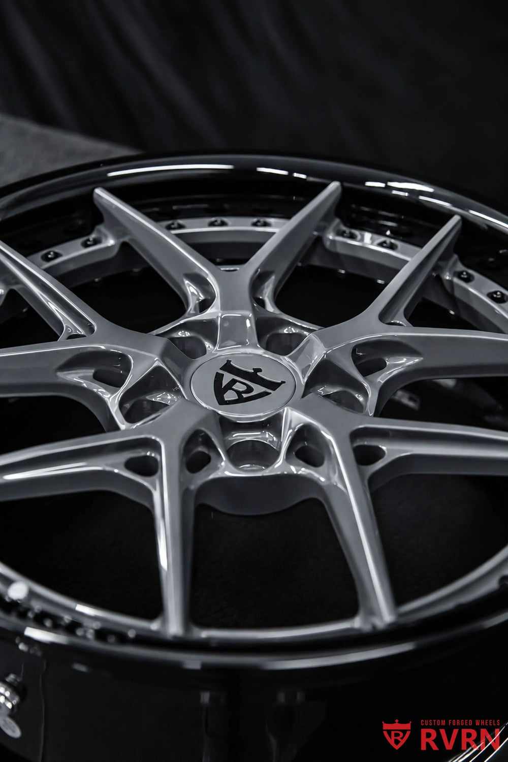 2007 Chevrolet Corvette C6 Base Model RV-DR08D Y-Spoke Forged 2-Piece wheel with ICONIC Gunmetal Spoke, Gloss Black Barrel, and Black Screws, centered product view displaying the complete wheel face, deep barrel profile, and black perimeter fasteners