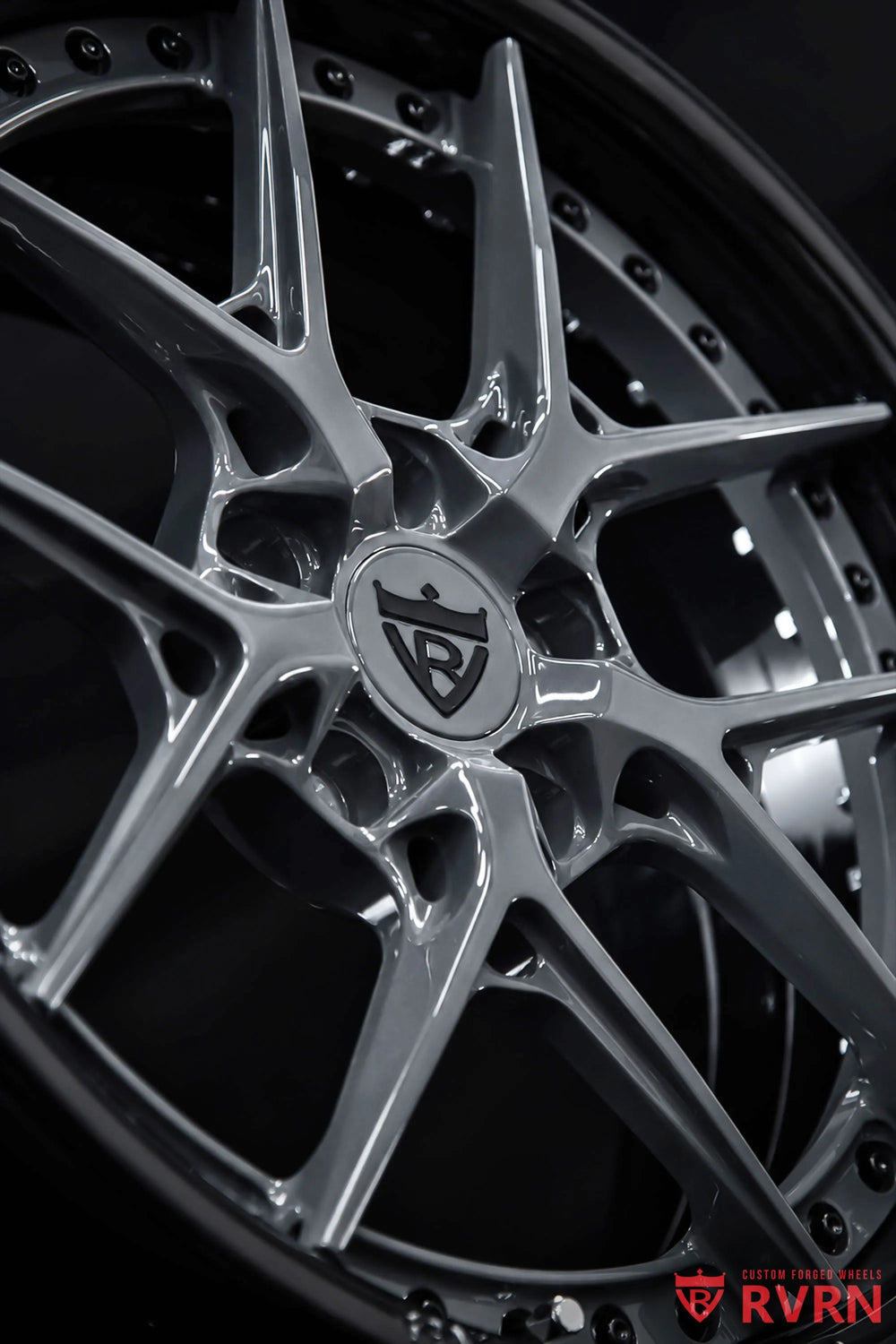 2007 Chevrolet Corvette C6 Base Model RV-DR08D Y-Spoke Forged 2-Piece wheel with ICONIC Gunmetal Spoke, Gloss Black Barrel, and Black Screws, macro view highlighting the center cap, spoke surfaces, inner flange, and hardware details