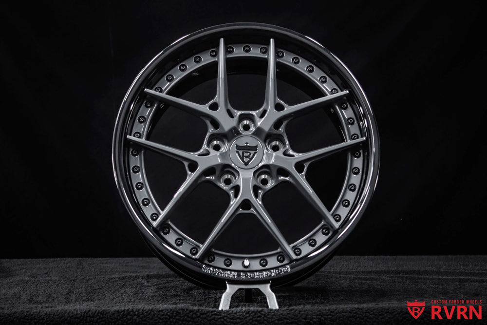 2007 Chevrolet Corvette C6 Base Model RV-DR08D Y-Spoke Forged 2-Piece wheel with ICONIC Gunmetal Spoke, Gloss Black Barrel, and Black Screws, full front-facing product view showing the balanced Y-Spoke layout and two-piece wheel architecture