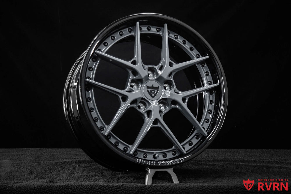 2007 Chevrolet Corvette C6 Base Model RV-DR08D Y-Spoke Forged 2-Piece wheel with ICONIC Gunmetal Spoke, Gloss Black Barrel, and Black Screws, selected cover image at a front three-quarter angle showing the complete design, deep black barrel, and detailed fasteners