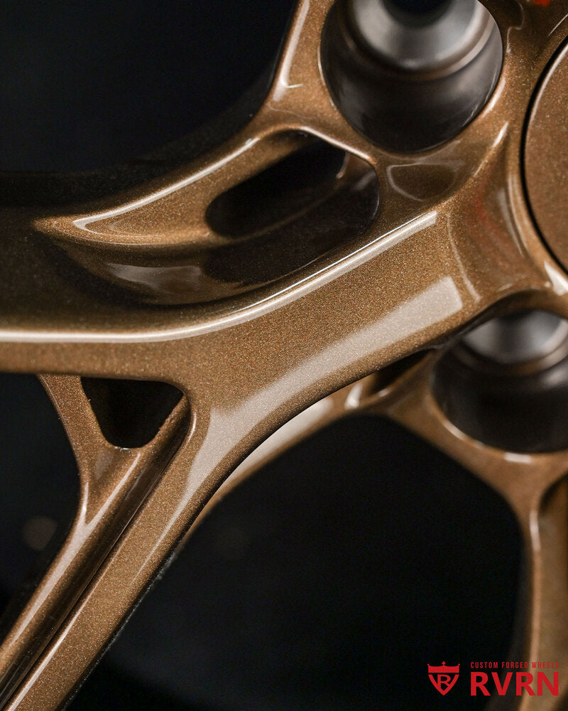 Close-up RV-DR08D custom deep dish Mustang wheels gloss bronze