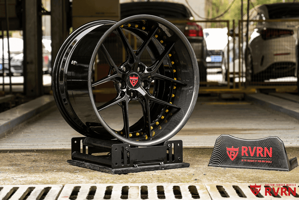 Deep dish black forged wheels on C6 Corvette – side view, 19x10 front wheel