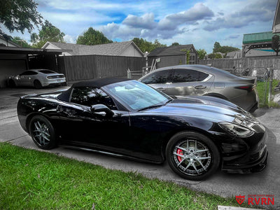 2007 Corvette C6 Base Convertible rims with RVRN RV-DR08D Y-spoke deep dish custom forged 2-piece wheels in gunmetal spokes and gloss black barrel, 18x8.5 front and 19x11 rear.