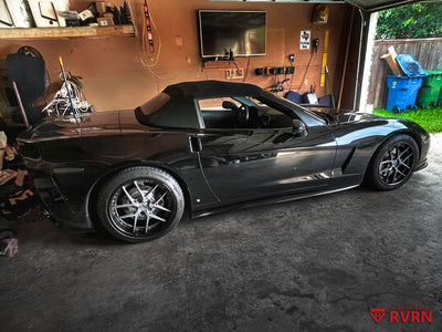 Side view of a 2007 Corvette C6 Base Convertible on RVRN RV-DR08D Y-spoke deep dish custom forged wheels with gunmetal spokes and gloss black barrel.