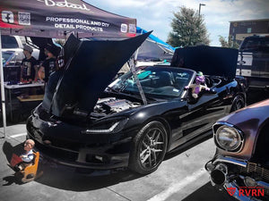 2007 Corvette C6 Base Convertible at a car show on RVRN RV-DR08D Y-spoke deep dish custom forged wheels in gunmetal and gloss black, 18x8.5 front and 19x11 rear.
