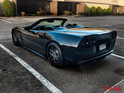 Rear three-quarter view of a 2007 Corvette C6 Base Convertible on RVRN RV-DR08D Y-spoke deep dish forged rims in gunmetal and gloss black.