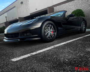 Low front wheel view of a 2007 Corvette C6 Base Convertible with RVRN RV-DR08D Y-spoke deep dish custom forged wheels, 18x8.5 front and 19x11 rear.