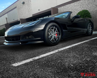 Low front wheel view of a 2007 Corvette C6 Base Convertible with RVRN RV-DR08D Y-spoke deep dish custom forged wheels, 18x8.5 front and 19x11 rear.