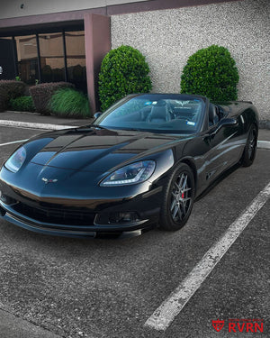 Front close view of a 2007 Corvette C6 Base Convertible on RVRN RV-DR08D Y-spoke deep dish forged rims with gunmetal spokes and gloss black barrel.
