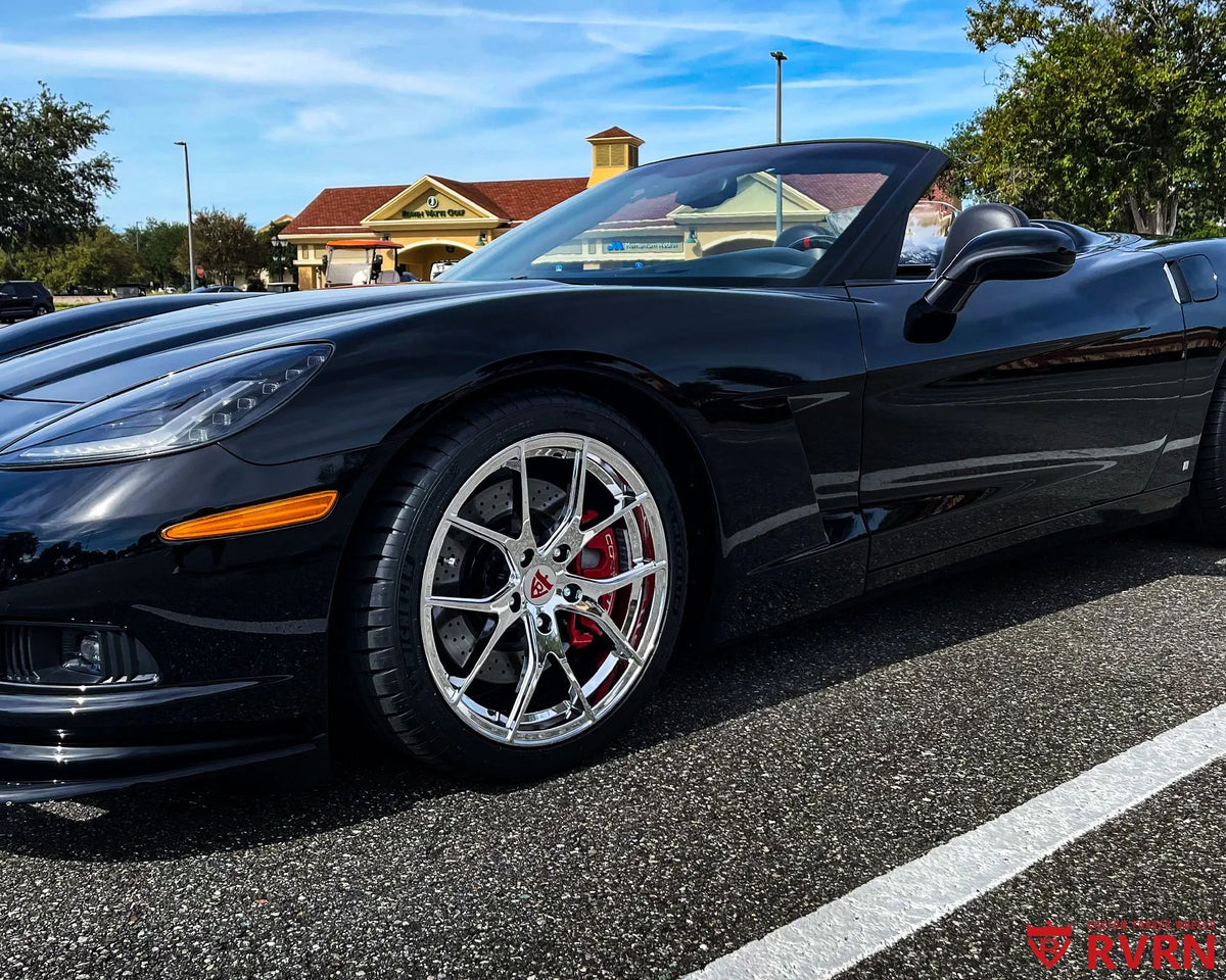 2007 Corvette C6 Z51 on RVRN RV-MC24 chrome custom forged wheels, front three-quarter view with red brake calipers.