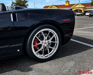 RV-MC24 chrome forged wheel close-up on a black 2007 Corvette C6 with red calipers and Michelin Pilot Sport tire.
