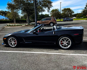 2007 Corvette C6 convertible side profile on RVRN RV-MC24 chrome staggered forged wheels, 18x8.5 front and 19x10 rear.