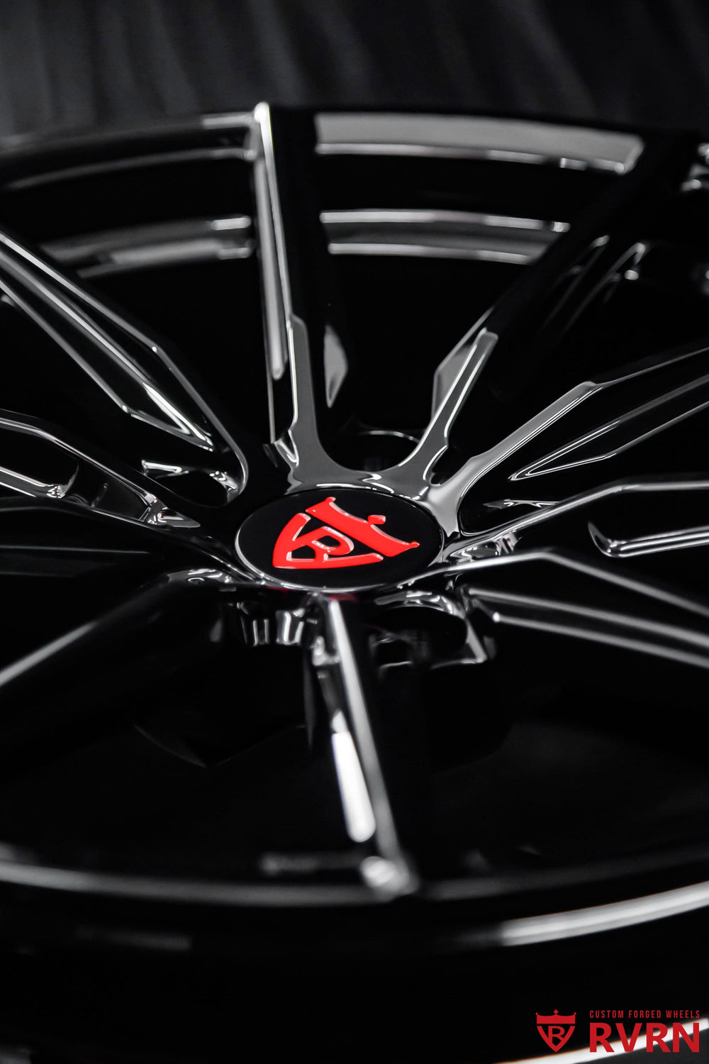 Custom RVRN RV-MJ02 gloss black wheels designed for a 2008 Chevrolet Corvette C6 Z06 with 18x9.5 and 19x12 fitment