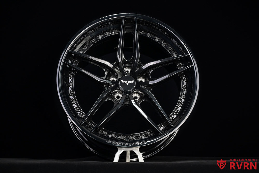 Blacked out Corvette mods featuring RV-DP03 forged 2-piece wheels, 19x10 front 20x12 rear deep lip design