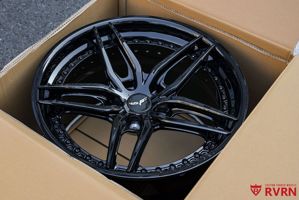 2008 C6 Corvette rear 20x12 +59MM RV-DP03 forged wheels, aggressive deep lip Corvette wheel setup in full gloss black