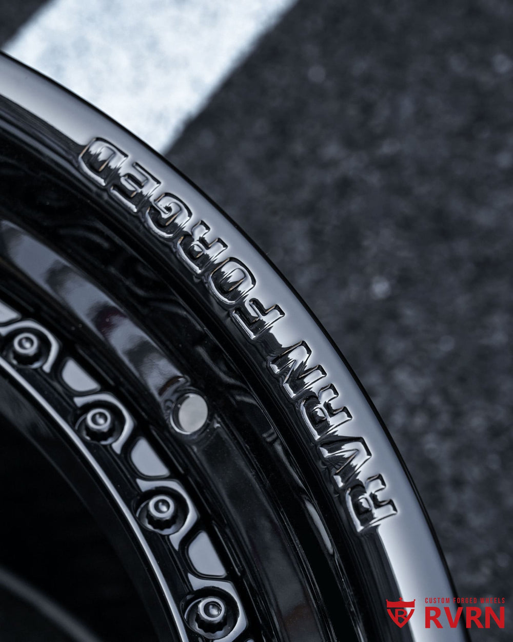 Custom two piece wheels Corvette RV-DP03 close-up detail, forged construction and gloss black spokes