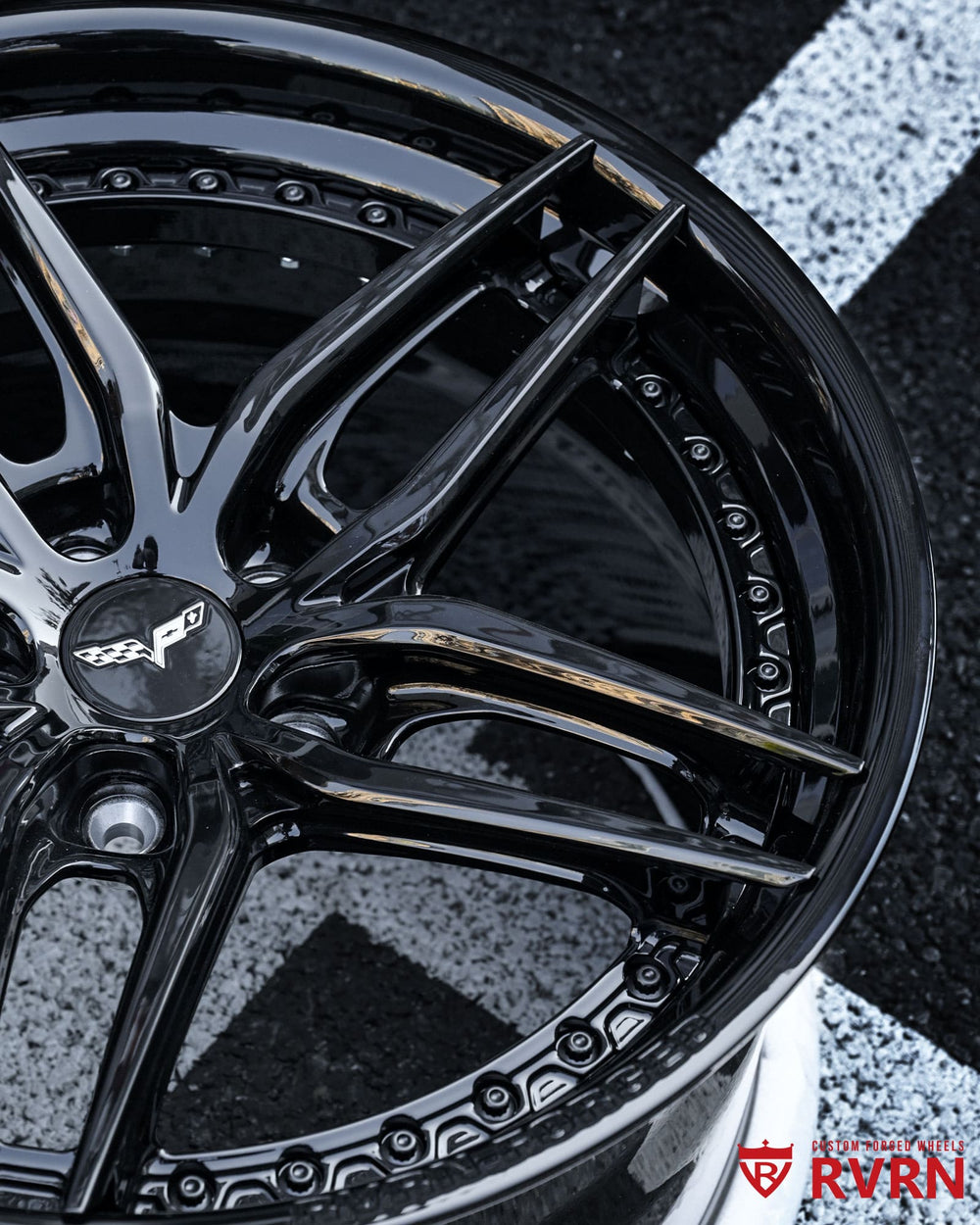 Murdered out C6 Corvette with gloss black RV-DP03 custom two piece wheels, deep lip rear configuration