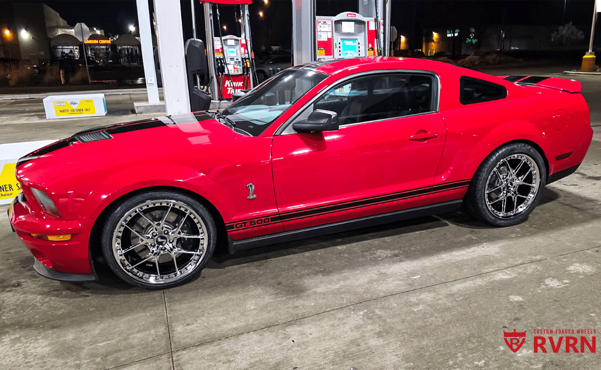 2008 Ford Mustang GT500 equipped with custom RVRN chrome wheels