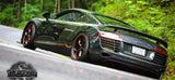 Custom Audi R8 with aftermarket forged wheels driving on scenic Tail of the Dragon road.