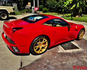 2010 Ferrari California on RVRN RV-MF02 custom forged wheels in Champion Gold finish with 20x8 front and 20x10 rear fitment.