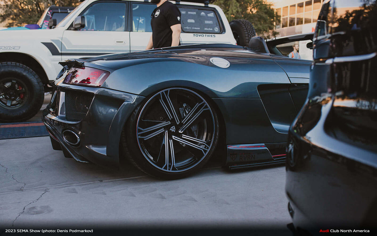 Audi R8 Spyder parked at SEMA 2024 featuring RVRN RG-01 wheels