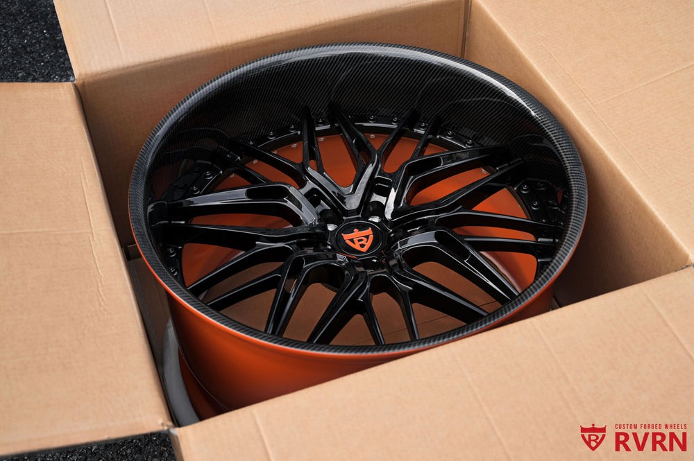 Bentley Continental orange wheels featuring RV-T081 2-piece forged wheels in custom 22x13 rear fitment