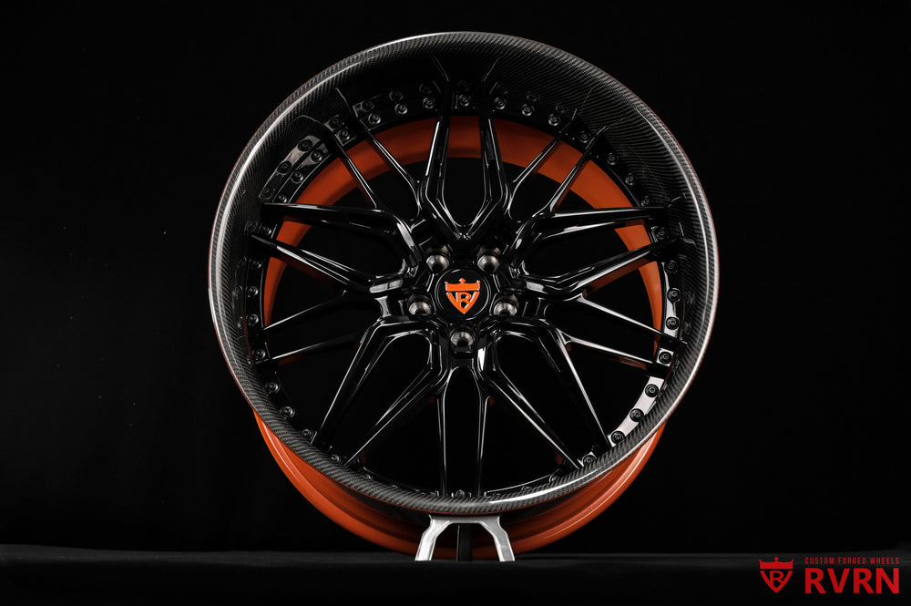 Orange inner and outer barrel on Bentley Continental GT forged deep dish wheels by RVRN Wheels