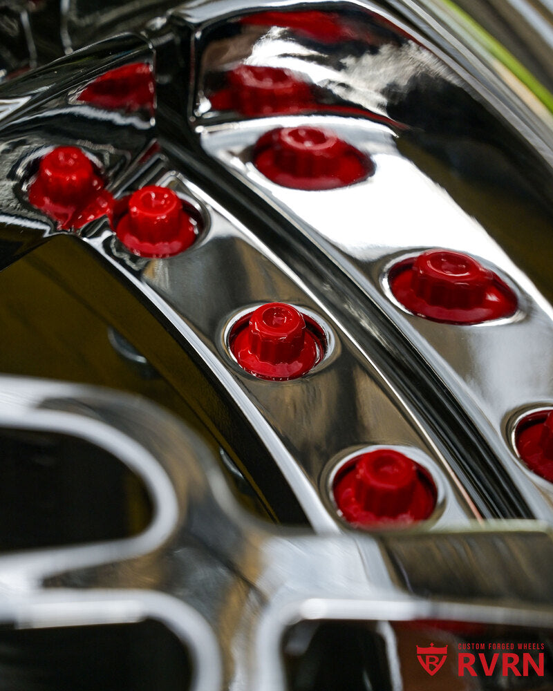 Close-up of the chrome barrel and RVRN Red screws on an RM-01 forged wheel, 2011 Corvette C6 Grand Sport