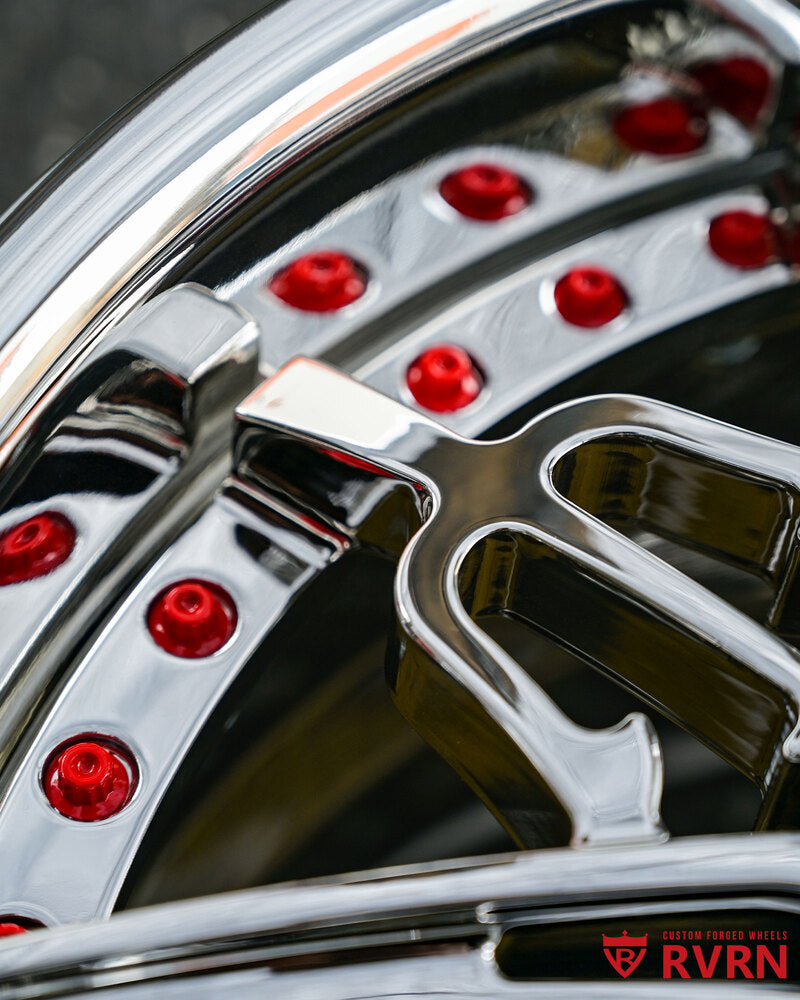 Close-up of the chrome RM-01 forged wheel spokes and red rim screws, 2011 Corvette C6 Grand Sport