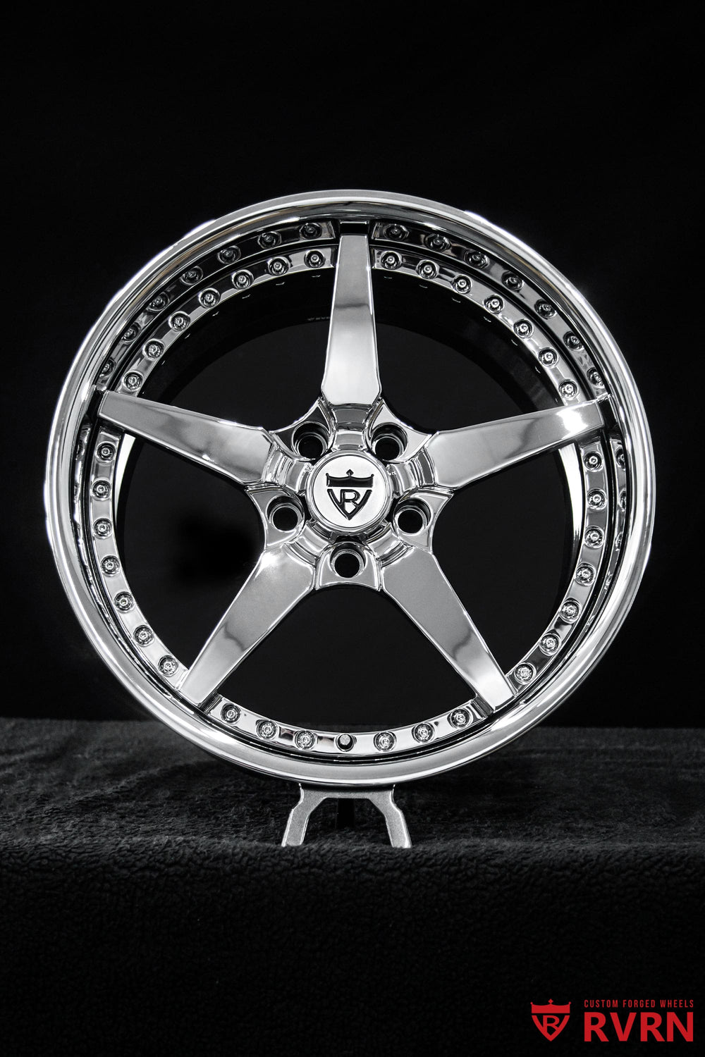 Corvette C6 Grand Sport 5-spoke forged wheels by RVRN RV-DF14, finished in all chrome with a deep dish profile, 18x9.5 and 19x12